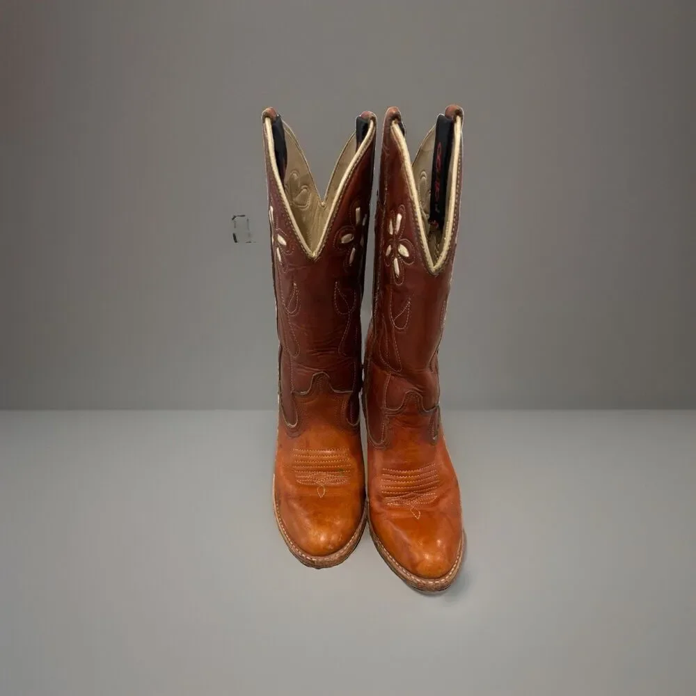 Acme/Dingo Daisy Flower Brown Vintage Boho Cowgirl Boots, Style 7489, Size 6M
